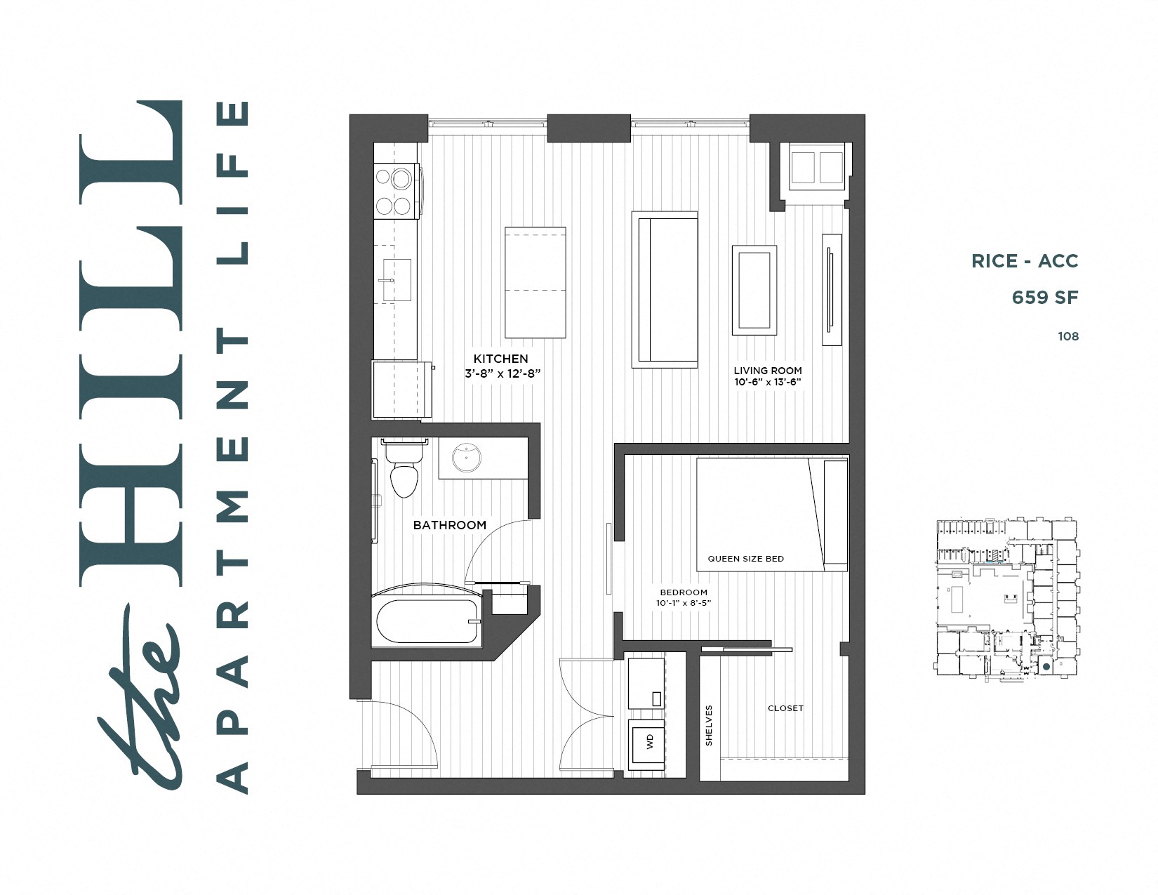Floor plan for 1 bed, 1 bath, 659 sqft